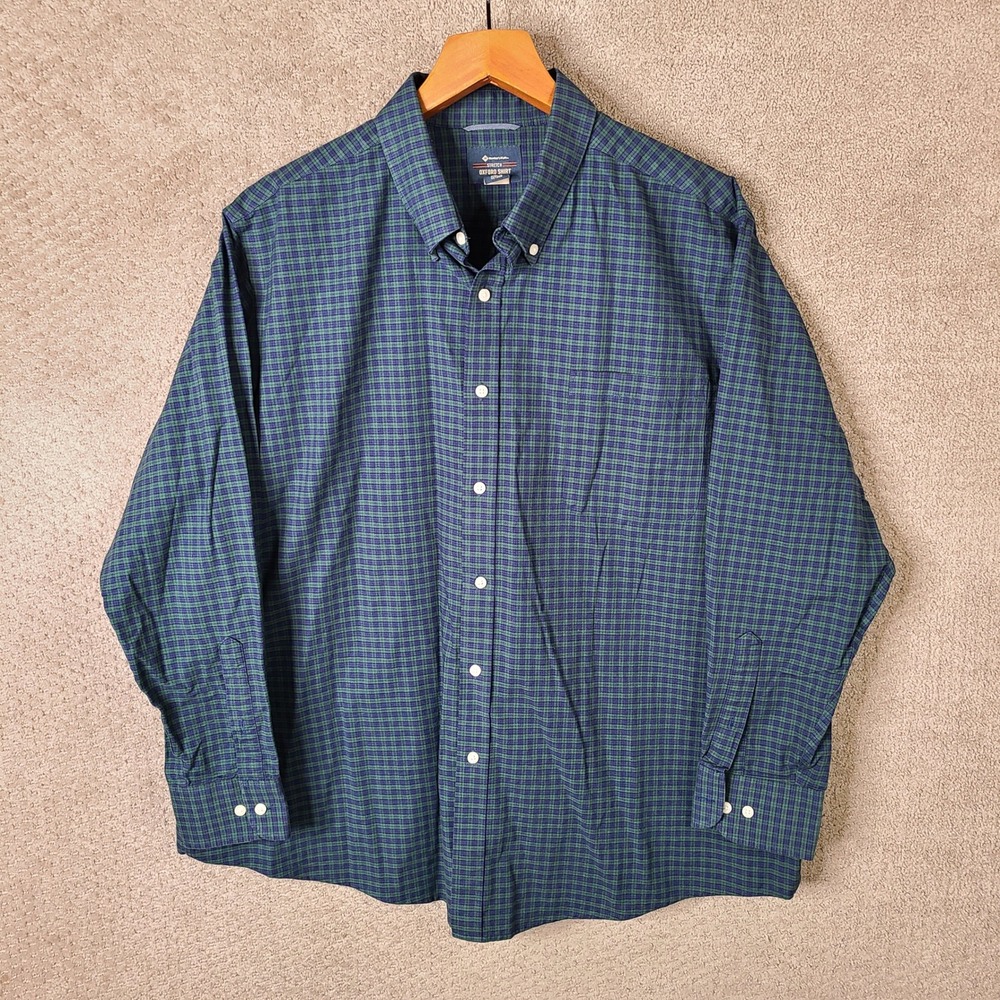 Members Mark Shirt Mens XXL Green Blue Check Plaid Button Up Long Sleeve Stretch